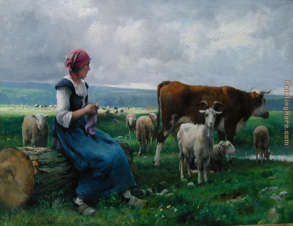 Shepherdess with Goat Sheep and Cow painting - Julien Dupre Shepherdess with Goat Sheep and Cow art painting